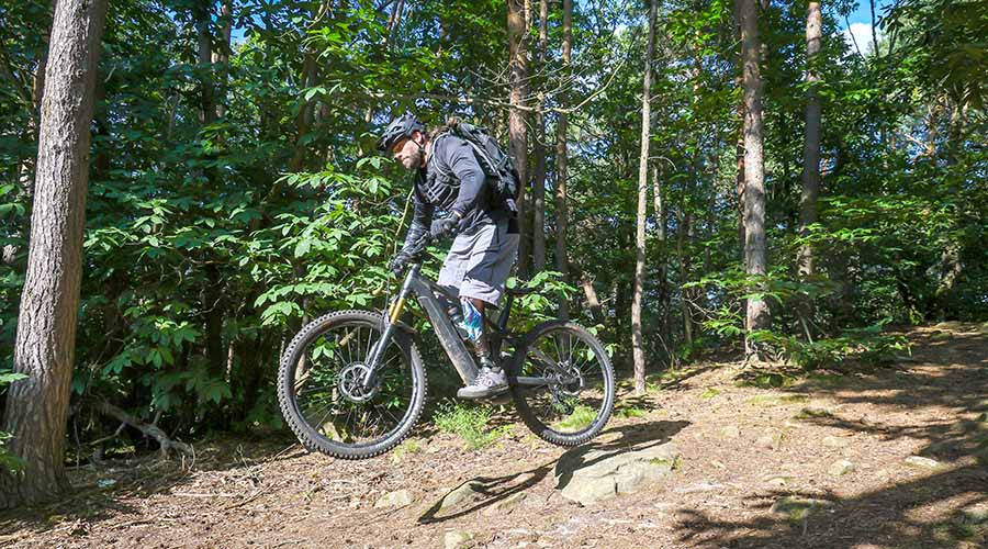 Alex Butz heizt mit seinem Downhill-Mountainbike durch den Wald