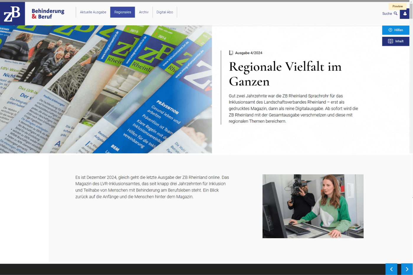 Das Foto zeigt einen Screenshot des ZB Digitalmagazins Rheinland, Ausgabe 4/2024. Auf dem Foto ist eine junge Frau am Stehschreibtisch zu sehen, die am Computer arbeitet. Hinter ihr steht ein Mann mit Kamera und filmt sie dabei.