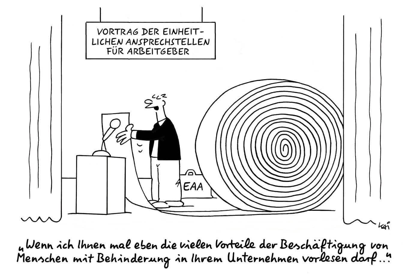 Die Cartoon-Zeichnung zeigt einen Redner, der so langes Manuskript hat, dass es sich hinter ihm zu einer riesigen Rolle aufrollt. Er trägt die Vorteile von Inklusion für Arbeitgeber vor.