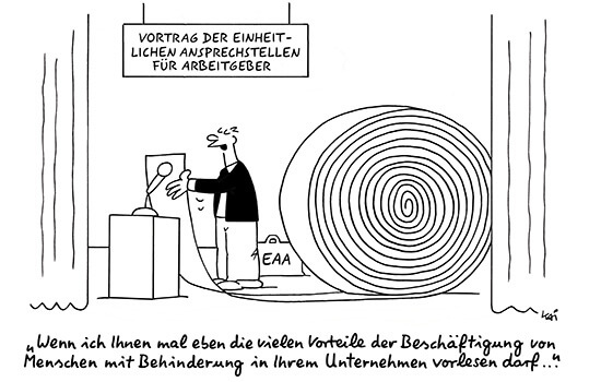 Die Cartoon-Zeichnung zeigt einen Redner, der so langes Manuskript hat, dass es sich hinter ihm zu einer riesigen Rolle aufrollt. Er trägt die Vorteile von Inklusion für Arbeitgeber vor.