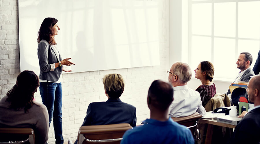 Eine Frau präsentiert vor einer Gruppe in einem hellen Raum mit Whiteboard und großen Fenstern. Die Teilnehmenden sitzen in Business-Kleidung und hören aufmerksam zu.."